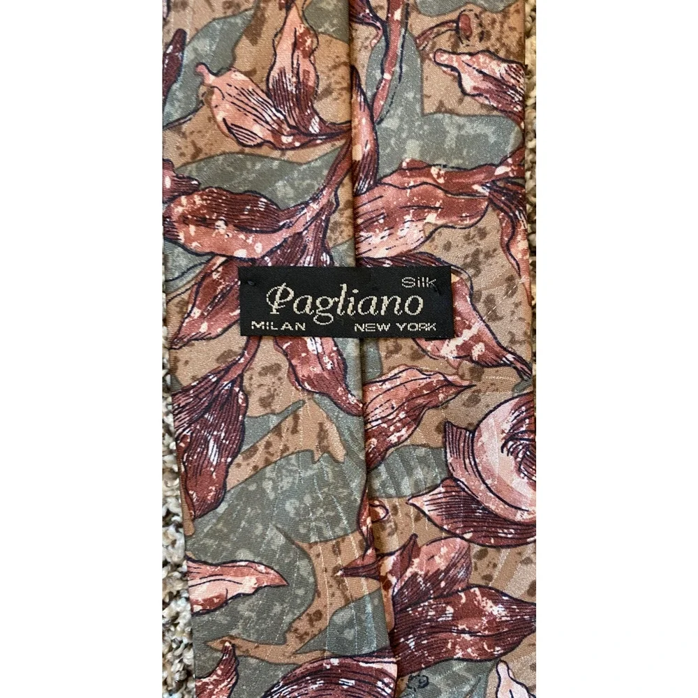 Mens Silk Necktie Pagliano Milan New York Green Brown Earth Tones Floral AOP